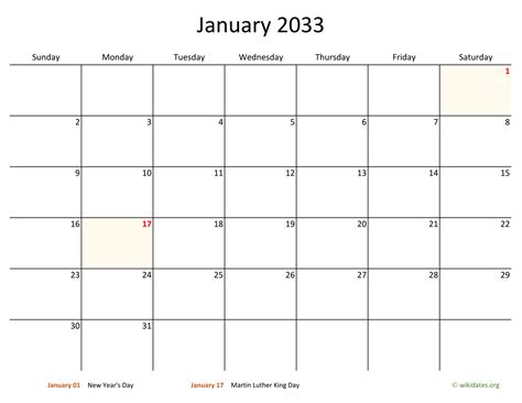 January 2033 Calendar With Bigger Boxes