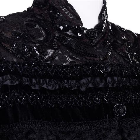 Emanuel Ungaro Vintage Black Velvet Dress W Lace Sequins Ribbons And
