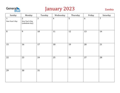 January 2023 Calendar With Zambia Holidays