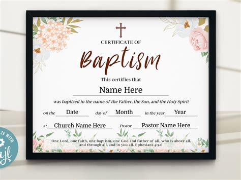 Baptism Certificate Printable Girls Baptism T Floral Baptism