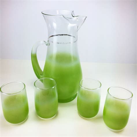 Vintage Green Glass Blendo Set Lime Green Pitcher And Juice Glasses