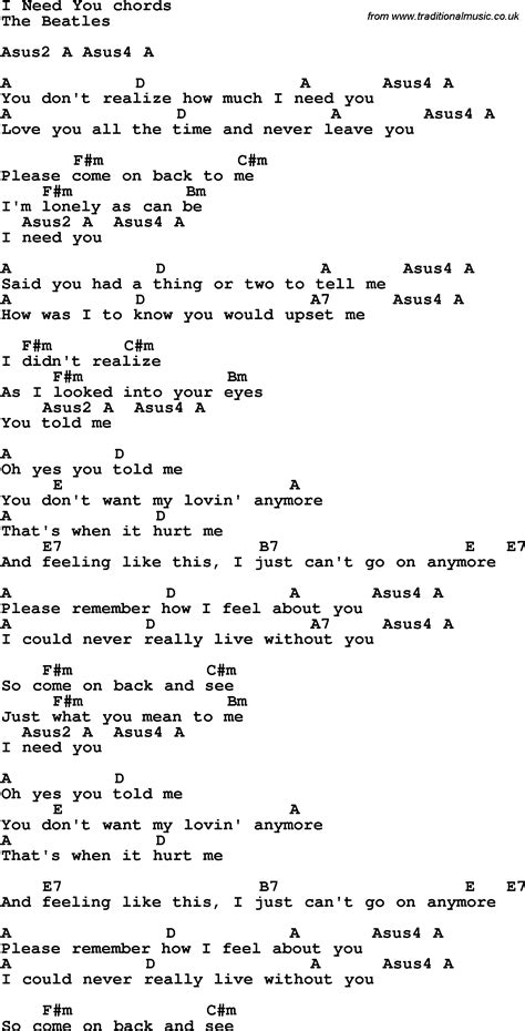 Song Lyrics With Guitar Chords For I Need You The Beatle