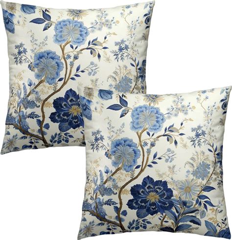 Miaoquhe Chinoiserie Pillow Covers 18x18 Inch Set Of 2 Blue And White Floral Throw