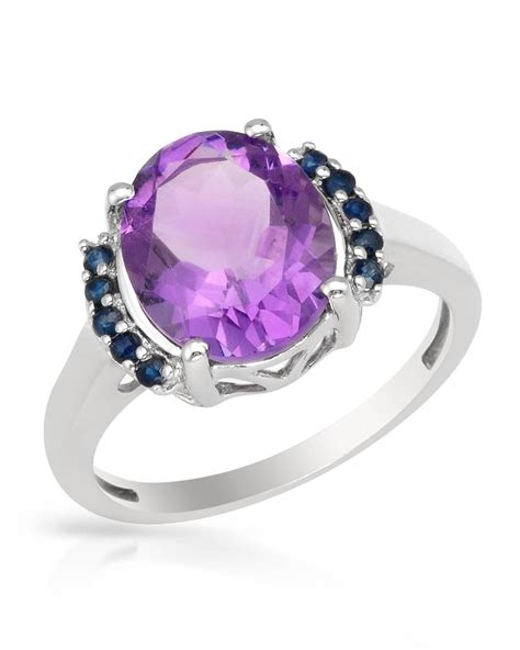 Genuine Amethyst And Sapphire Ring In Sterling Silver Amethyst