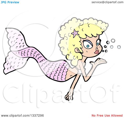 Clipart Of A Cartoon Blond White Mermaid Blowing A Kiss Royalty Free