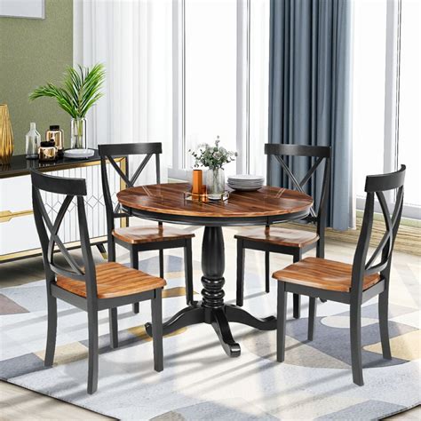 5 Pieces Dining Table And Chairs Set For 4 Persons Round Solid Wood