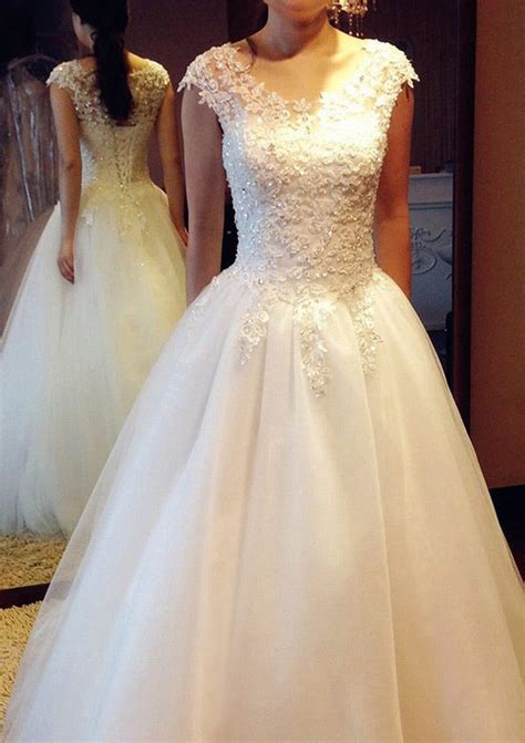 Tulle Wedding Dress A Lineprincess V Neck Court Train With Appliqued