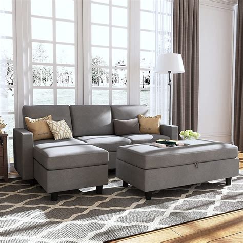 Honbay Grey Sectional Couch With Ottoman Convertible L Shaped Chaise Sofa Set Sectional With