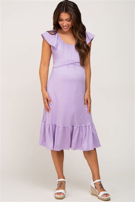Lavender Tie Back Flounce Sleeve Maternity Midi Dress Pinkblush