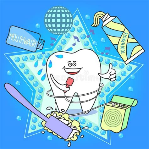 Cute Cartoon Tooth Character With Mouthwash Toothbrush Toothpaste And Dental Floss Stock
