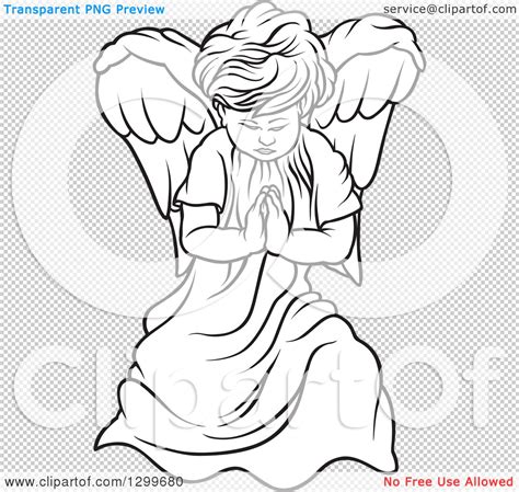 Clipart Of A Black And White Angel Praying Royalty Free Vector
