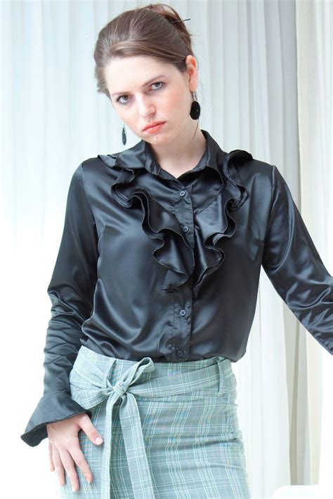 Black Satin Ruffle Blouse Sullen Oag Overlyattached Disappointed