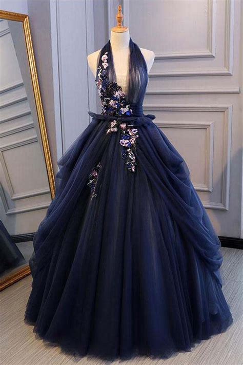 Ball Gown Blue Tulle Lace Long Prom Dresses Deep V Neck Backless