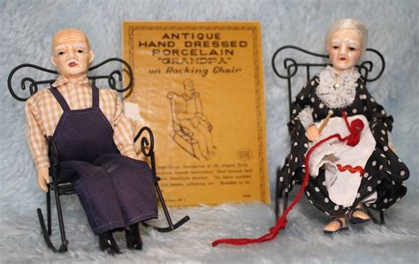 Vintage Shackman Grandpa And Grandma Dolls Hand Dressed On Wire Rockers