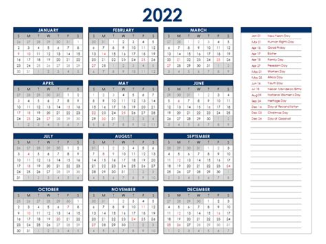 2022 South Africa Annual Calendar With Holidays Free Printable Templates