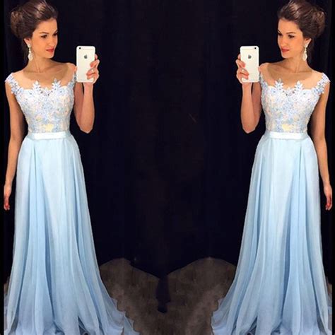 Lace Applique Light Blue Prom Dress Chiffon Prom Dresses Cheap A