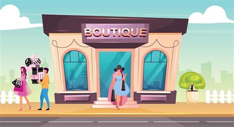 Boutique Front Flat Color Vector Illustration Woman Buying Clothes In