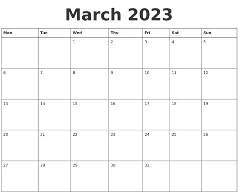 March 2023 Blank Calendar Template