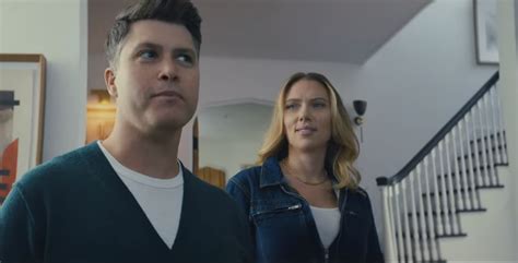 teaser clip from funny super bowl ad with scarlett johansson and colin jost daily candid news