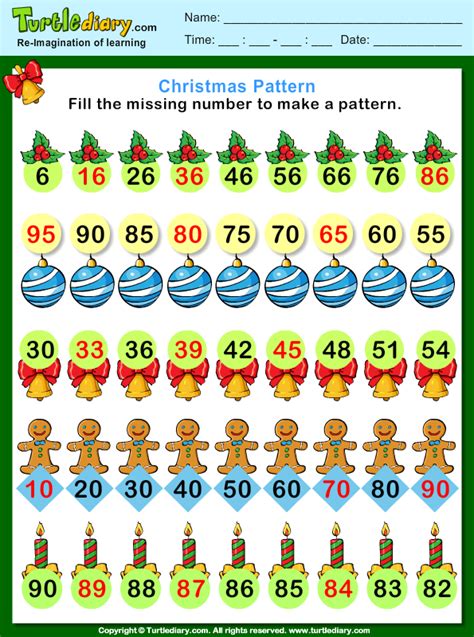 Christmas Find the Missing Number Pattern Worksheet - Turtle Diary