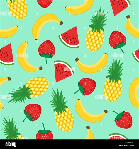 Seamless Pattern With Yellow Bananas Pineapples Watermelon And