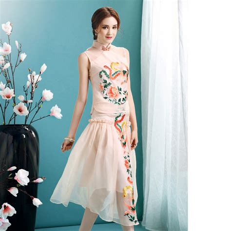 Phoenix Embroidery Cheongsam Qipao Overlay Dress Pink Qipao