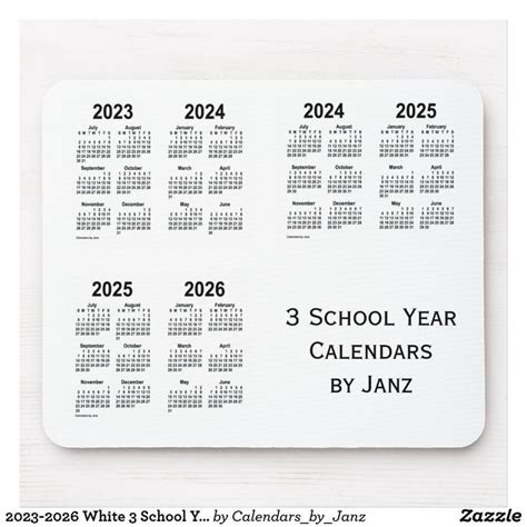 2023 2026 White 3 School Year Calendars By Janz Mouse Pad Zazzle