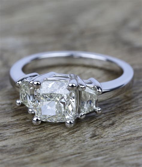 Three Stone Trapezoid Engagement Ring With Cushion Diamond Sapphire