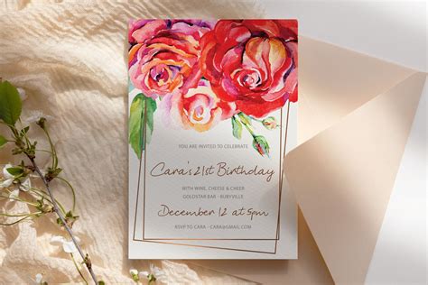 Big Pink Red Watercolor Flower Birthday Invitation Printable Template