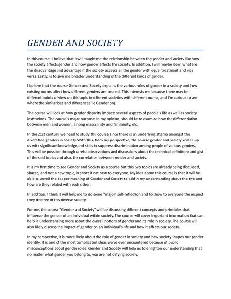 Gender And Society Gender And Society In This Course I Believe That It Will Taught Me The