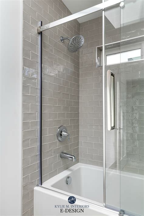 Bathroom Warm Gray Greige Subway Tile Surround Light Gray Grout Tub And Shower With Glass