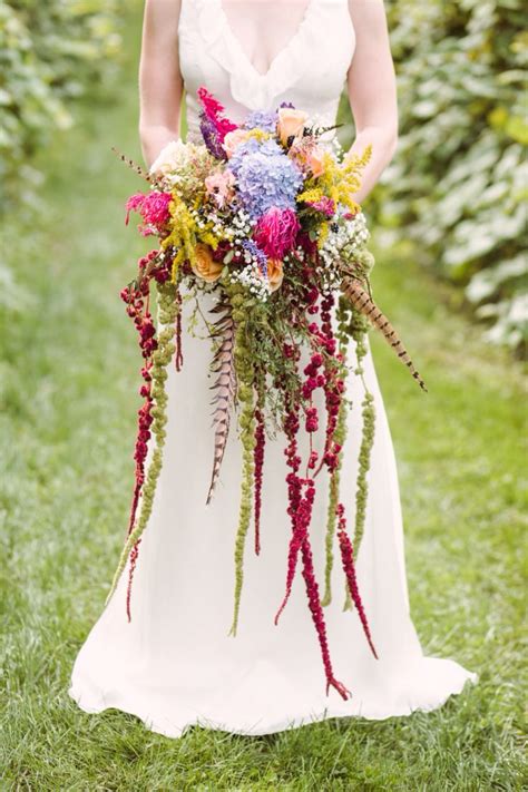 Bohemian Cascading Bouquet Love Lies Bleeding Pheasant Feathers Ivy