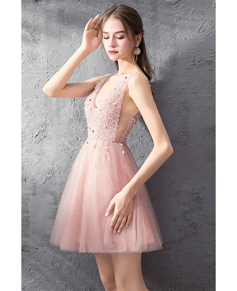 Rose Pink Tulle Short Prom Dress Vneck With Bling Sequins Dm69051