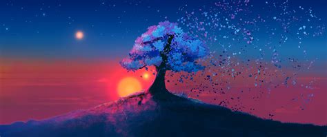 Download 2560x1080 Wallpaper Dark Tree Sunset Landscape Art Dual