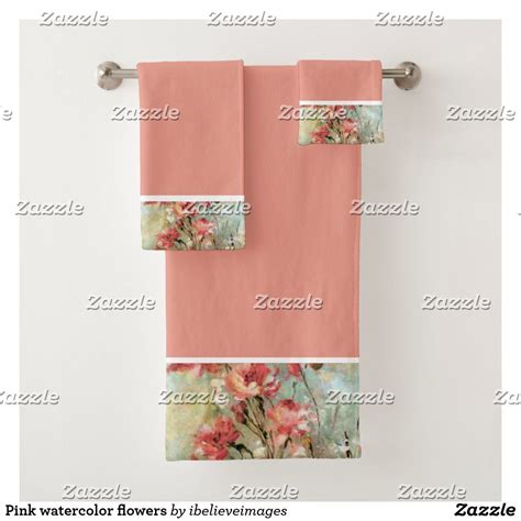 Pink Watercolor Flowers Bath Towel Set Floral Bath Towels Bath