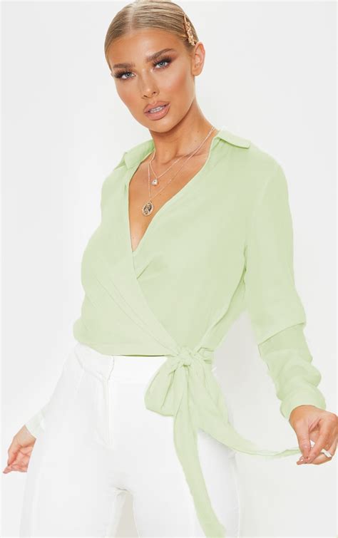 Sage Green Wrap Front Tie Side Blouse Tops Prettylittlething