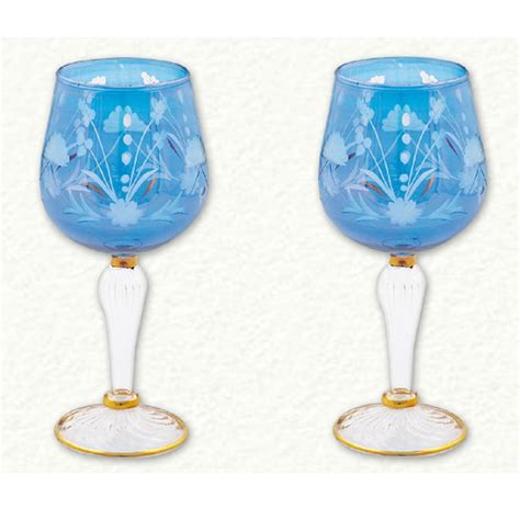 Blue And Gold Floral Etched Egyptian Glass Wine Glasses Set Of 2 Made In Egypt