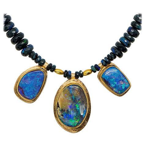 Boulder Opal Necklace Black Opal Beaded 22 Karat Gold 18 Karat Gold At