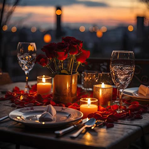Premium Photo Romantic Dinner Table Set With Roses And Candles