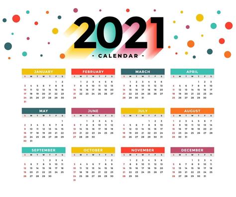 Año Nuevo Colorido Calendario 2021 Diseño Vectorial Editable Eps 10