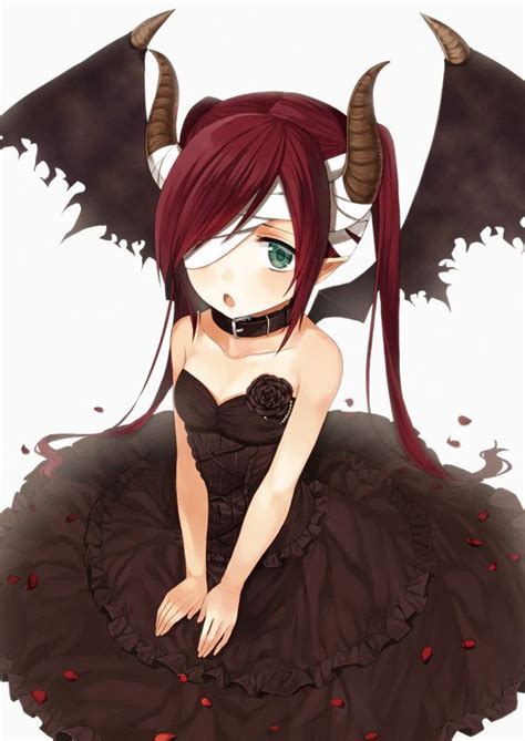Anime Girl Demon With Red Hair Green Eyes Black Dress Horns Wings And Bandages Anime