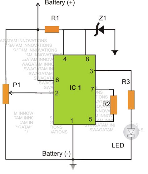 Battery charging is done by means of a rectifier. Simple Low Battery Indicator Circuit Using IC 555 | Circuit Diagram Centre