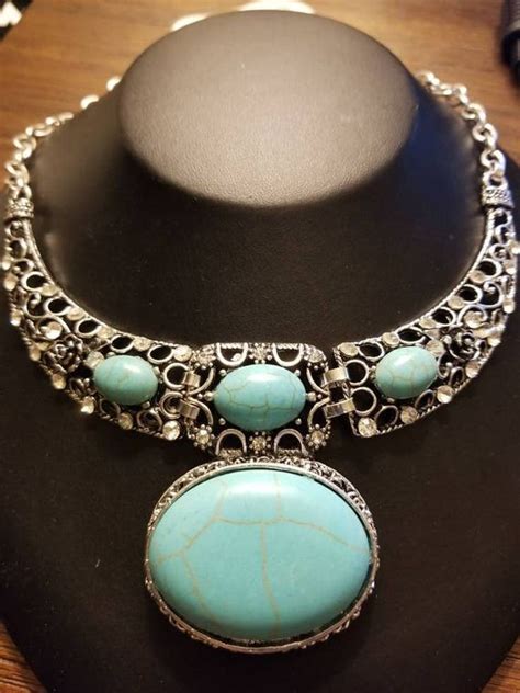 Turquoise Oval Bib Necklace With Crystals
