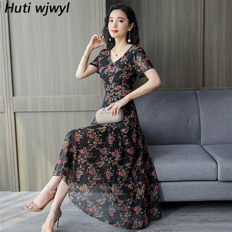 Summer Korean 3xl Plus Size Beach Midi Sundress 2019 Vintage Black Floral Chiffon Boho Maxi