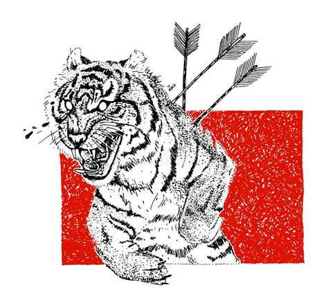 Hand Drawn Aggressive Tiger With Arrows And Tears Tattoo Theme Vector