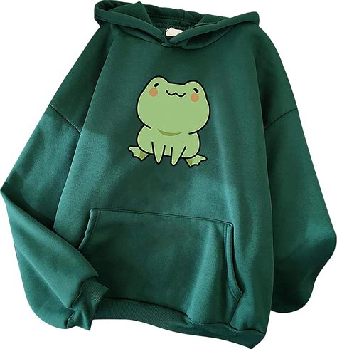 Cuekondy Women Frog Sweatshirt Kawaii Y2k Hoodie Hooded Sweater Warm Pullover Outwear Long