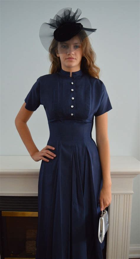Free Shipping 1940s Navy Blue Tea Length Dress Taffeta Dress 1940s