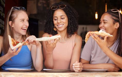 Woman Friends And Smile For Pizza Food Or Eating At Restaurant Together In Friendship Happy
