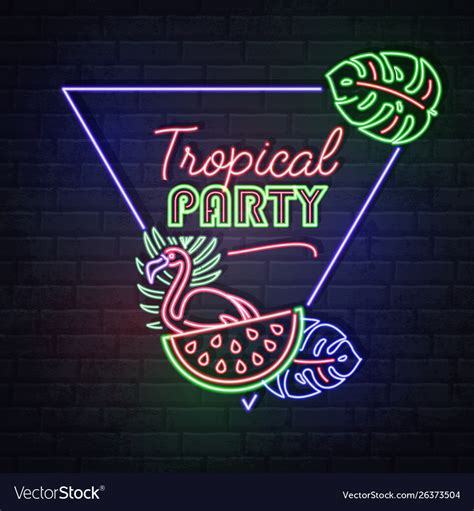 Neon Sign Tropical Party With Tropic Leaves Vector Image