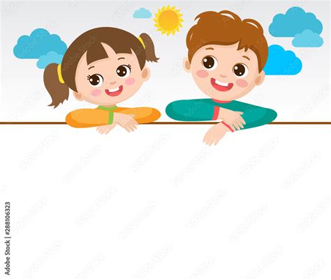 Cute Kids Holding White Blank Board Vector Illustration Cute Boy And